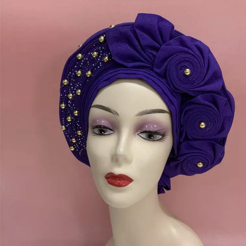 Image of Sego Gele Headtie Nigerian Headwear With Stone Beads Auto Turban Wide Trim-FrenzyAfricanFashion.com