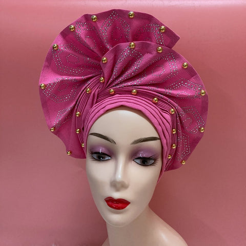 Image of Sego Gele Headtie Nigerian Headwear With Stone Beads Auto Turban Wide Trim-FrenzyAfricanFashion.com