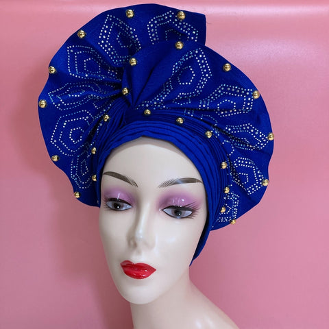 Image of Sego Gele Headtie Nigerian Headwear With Stone Beads Auto Turban Wide Trim-FrenzyAfricanFashion.com