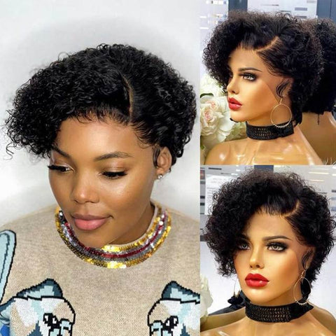 Image of Short Bob Wig Pixie Cut Wig Curly Human Hair Wigs For Women 13x1 Lace Front Transparent Deep Wave Lace Wig Preplucked Hairline-FrenzyAfricanFashion.com