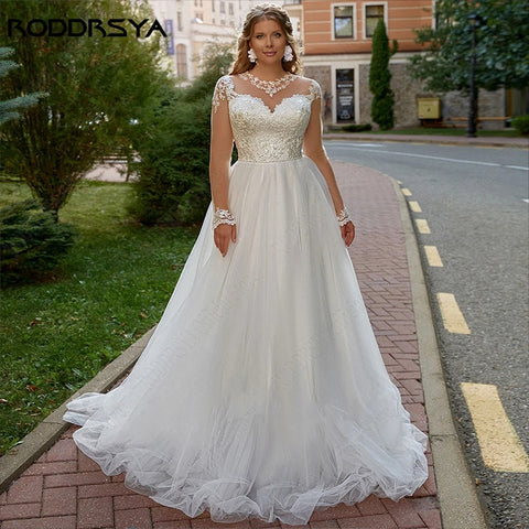 Image of Illusion O-Neck Applique Wedding Dress Plus Size Beach Bridal Gown Lace Up Backless-FrenzyAfricanFashion.com