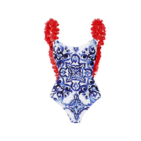 Image of One Piece Swimsuit Floral Print Beach Bathing Suit Set-FrenzyAfricanFashion.com