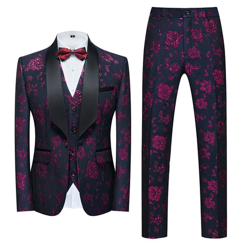 Image of Flower Pattern Suits 3 Pcs Set Dress Blazers Jacket Pants Vest Coat-FrenzyAfricanFashion.com