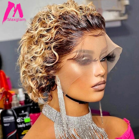 Image of Pixie Cut Wig 99J Deep Wave Lace Wig Afro Curly Short Bob Human Hair-FrenzyAfricanFashion.com