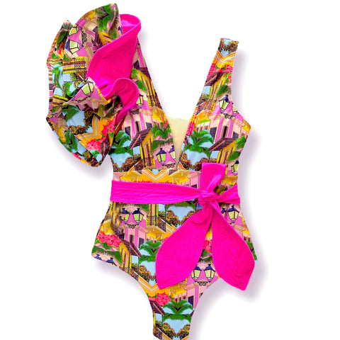 Image of Floral Printed Deep V-neck Ruffle Swimsuit Push Up One Piece Backless Monokini-FrenzyAfricanFashion.com