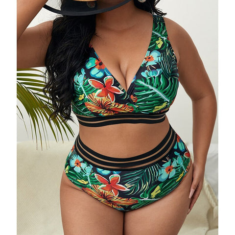 Image of Plus Size Swimsuits 2 Pieces Set Women High Waist Push Up Bikini Sets Flower Print Bathing Suits-FrenzyAfricanFashion.com