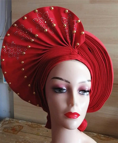 Image of nigerian aso oke with beads women turban shawl african headties-FrenzyAfricanFashion.com