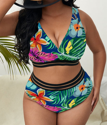Image of Plus Size Swimsuits 2 Pieces Set Women High Waist Push Up Bikini Sets Flower Print Bathing Suits-FrenzyAfricanFashion.com