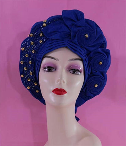 Image of Beautiful Pink Gele Headtie Aso Oke Gele Already Made Auto Gele Aso African Turban Cap With Beads-FrenzyAfricanFashion.com