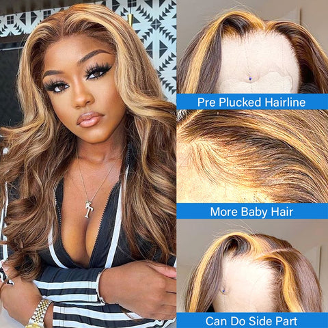 Image of Highlight Wig Human Hair Honey Blonde Body Wave Lace Front Wig 30 32 Inch Brazilian Hair Wigs For Women 13x4 Hd Lace Frontal Wig-FrenzyAfricanFashion.com