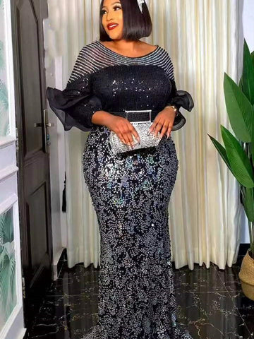 Image of Plus Size Party Long Dresses Sequin Evening Gowns-FrenzyAfricanFashion.com