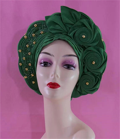 Image of Beautiful Pink Gele Headtie Aso Oke Gele Already Made Auto Gele Aso African Turban Cap With Beads-FrenzyAfricanFashion.com