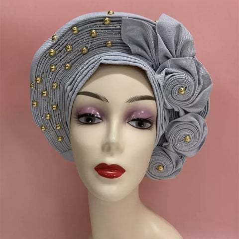 Image of Sego Gele Headtie Nigerian Headwear With Stone Beads Auto Turban Wide Trim-FrenzyAfricanFashion.com