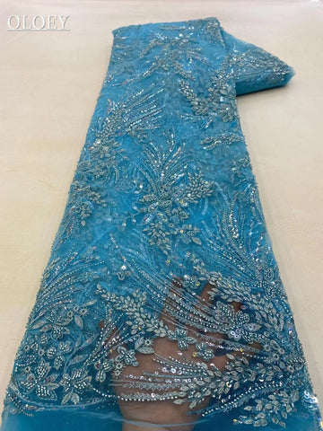 Image of Fashion French Mesh Embroidery Beaded Lace Fabric African Nigerian Sequins Lace For Wedding Dress-FrenzyAfricanFashion.com