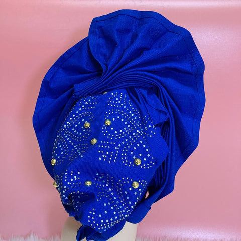 Image of Sego Gele Headtie Nigerian Headwear With Stone Beads Auto Turban Wide Trim-FrenzyAfricanFashion.com