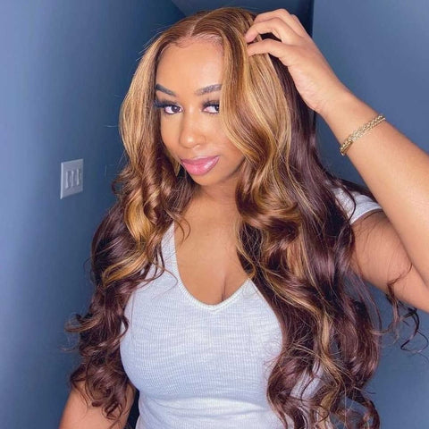 Image of Highlight Wig Human Hair Honey Blonde Body Wave Lace Front Wig 30 32 Inch Brazilian Hair Wigs For Women 13x4 Hd Lace Frontal Wig-FrenzyAfricanFashion.com