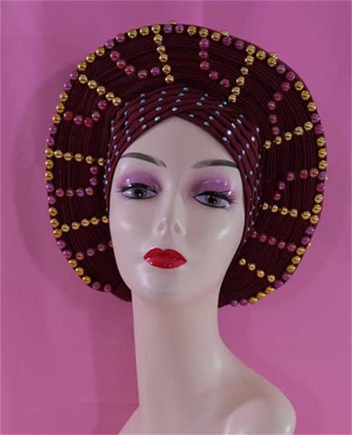 Image of Beautiful Pink Gele Headtie Aso Oke Gele Already Made Auto Gele Aso African Turban Cap With Beads-FrenzyAfricanFashion.com
