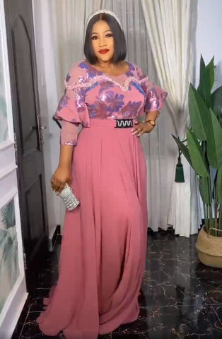 Image of Summer Dresses Women 3/4 Sleeve O-neck Polyester Pink Long Maxi Dress with Belt-FrenzyAfricanFashion.com