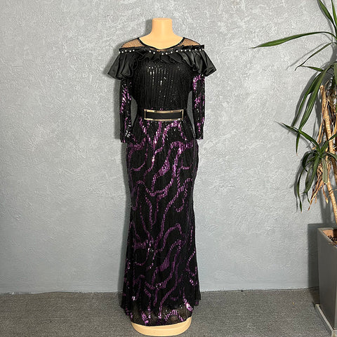 Image of Elegant Glittering Evening Dress Sparkle Sequin Sexy Sheath Maxi Party Gowns Come With Belt-FrenzyAfricanFashion.com