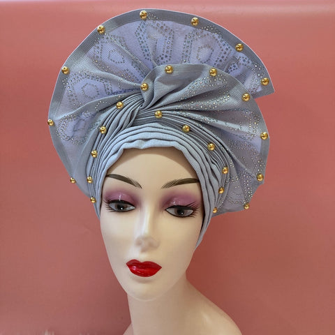 Image of Sego Gele Headtie Nigerian Headwear With Stone Beads Auto Turban Wide Trim-FrenzyAfricanFashion.com