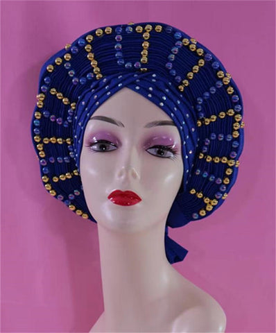 Image of Beautiful Pink Gele Headtie Aso Oke Gele Already Made Auto Gele Aso African Turban Cap With Beads-FrenzyAfricanFashion.com