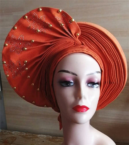 Image of nigerian aso oke with beads women turban shawl african headties-FrenzyAfricanFashion.com
