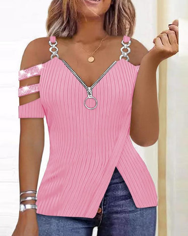 Image of Fashion Y2K Women's Top 2023 Summer Casual Rhinestone Decoration Zipper Details Split Bottom Cold Shoulder Basic Women's T-Shirt-FrenzyAfricanFashion.com