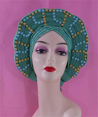 Image of Beautiful Pink Gele Headtie Aso Oke Gele Already Made Auto Gele Aso African Turban Cap With Beads-FrenzyAfricanFashion.com