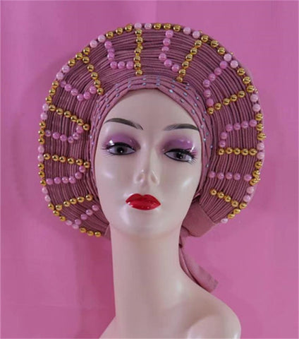 Image of Beautiful Pink Gele Headtie Aso Oke Gele Already Made Auto Gele Aso African Turban Cap With Beads-FrenzyAfricanFashion.com