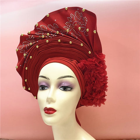 Image of nigerian aso oke with beads women turban shawl african headties-FrenzyAfricanFashion.com