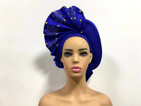 Image of Sego Gele Headtie Nigerian Headwear With Stone Beads Auto Turban Wide Trim-FrenzyAfricanFashion.com