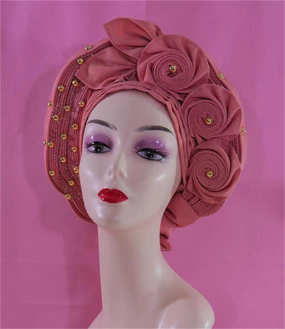 Image of Beautiful Pink Gele Headtie Aso Oke Gele Already Made Auto Gele Aso African Turban Cap With Beads-FrenzyAfricanFashion.com