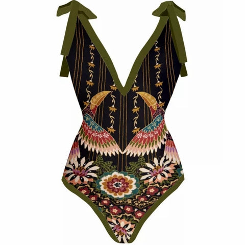Image of One Piece Swimsuit Floral Print Beach Bathing Suit Set-FrenzyAfricanFashion.com