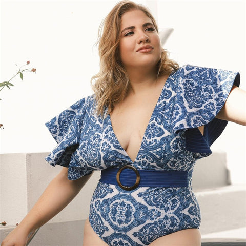 Image of Women High Waist Printed Wide Shoulder Straps Ruffle Blue Swimwear-FrenzyAfricanFashion.com