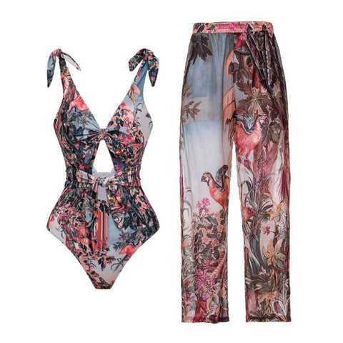 Image of Retro Swimwear Fashion Print Tie One Piece Swimsuit Deep V Beachwear Pants Bathing Suit Summer Surf Wear-FrenzyAfricanFashion.com