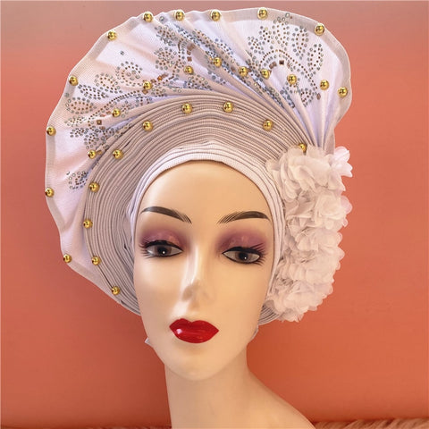 Image of nigerian aso oke with beads women turban shawl african headties-FrenzyAfricanFashion.com