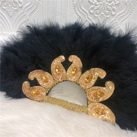 Image of Feathers Hand fan African Dance Wedding Fan with Sequined Beaded-FrenzyAfricanFashion.com