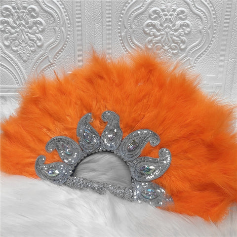 Image of Feathers Hand fan African Dance Wedding Fan with Sequined Beaded-FrenzyAfricanFashion.com