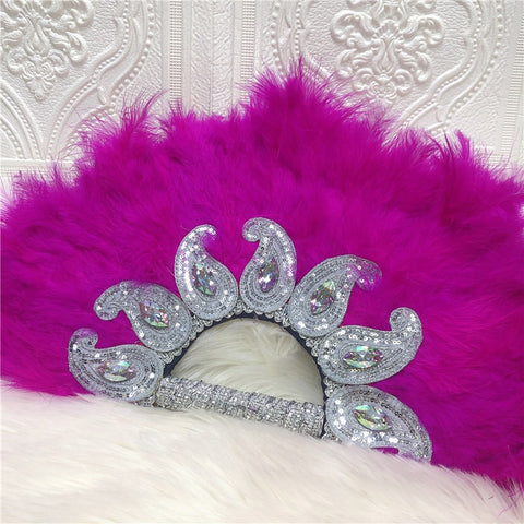 Image of Feathers Hand fan African Dance Wedding Fan with Sequined Beaded-FrenzyAfricanFashion.com