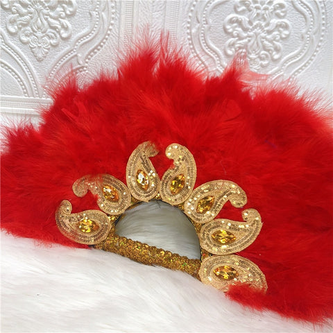 Image of Feathers Hand fan African Dance Wedding Fan with Sequined Beaded-FrenzyAfricanFashion.com