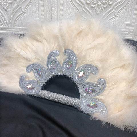 Image of Feathers Hand fan African Dance Wedding Fan with Sequined Beaded-FrenzyAfricanFashion.com