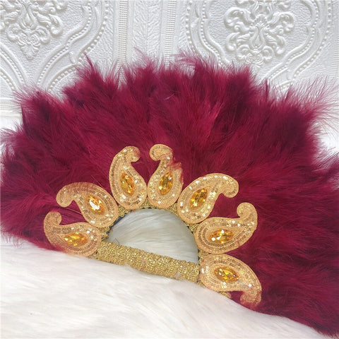Image of Feathers Hand fan African Dance Wedding Fan with Sequined Beaded-FrenzyAfricanFashion.com