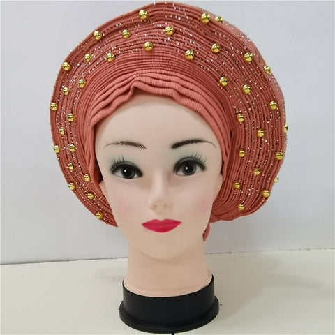 Image of Nigerian Auto Gele headtie turban head wrap with Gold Stud-FrenzyAfricanFashion.com