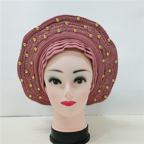 Image of Nigerian Auto Gele headtie turban head wrap with Gold Stud-FrenzyAfricanFashion.com