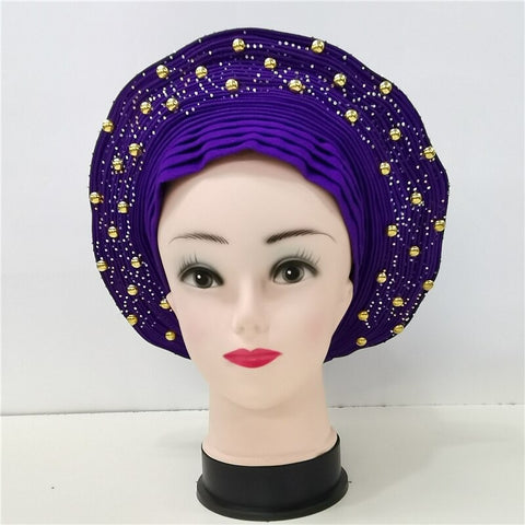 Image of Nigerian Auto Gele headtie turban head wrap with Gold Stud-FrenzyAfricanFashion.com