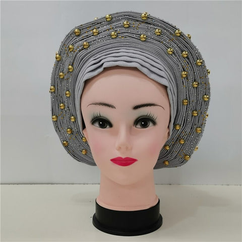 Image of Nigerian Auto Gele headtie turban head wrap with Gold Stud-FrenzyAfricanFashion.com