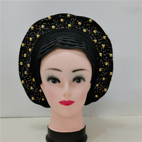 Image of Nigerian Auto Gele headtie turban head wrap with Gold Stud-FrenzyAfricanFashion.com