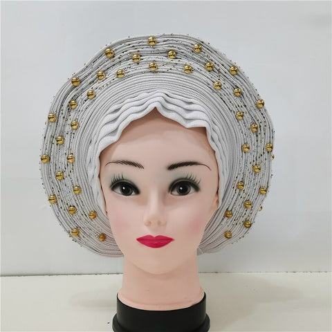 Image of Nigerian Auto Gele headtie turban head wrap with Gold Stud-FrenzyAfricanFashion.com