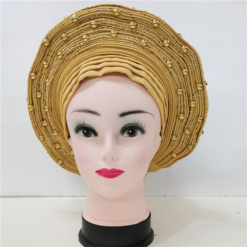 Image of Nigerian Auto Gele headtie turban head wrap with Gold Stud-FrenzyAfricanFashion.com