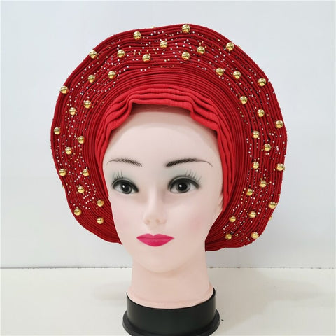 Image of Nigerian Auto Gele headtie turban head wrap with Gold Stud-FrenzyAfricanFashion.com